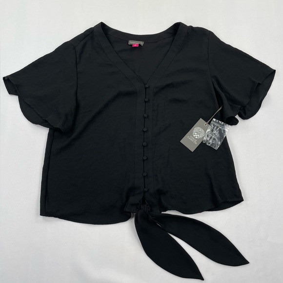 Vince Camuto Blouse Size M Black Summer Flutter Sleeve V Neck Button Up NWT $79 - Picture 1 of 10